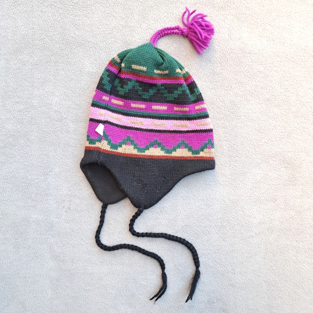 Vintage Smiley Wool Beanie‎ Fleece Lined Aztec Trapper Women's USA Made GUC